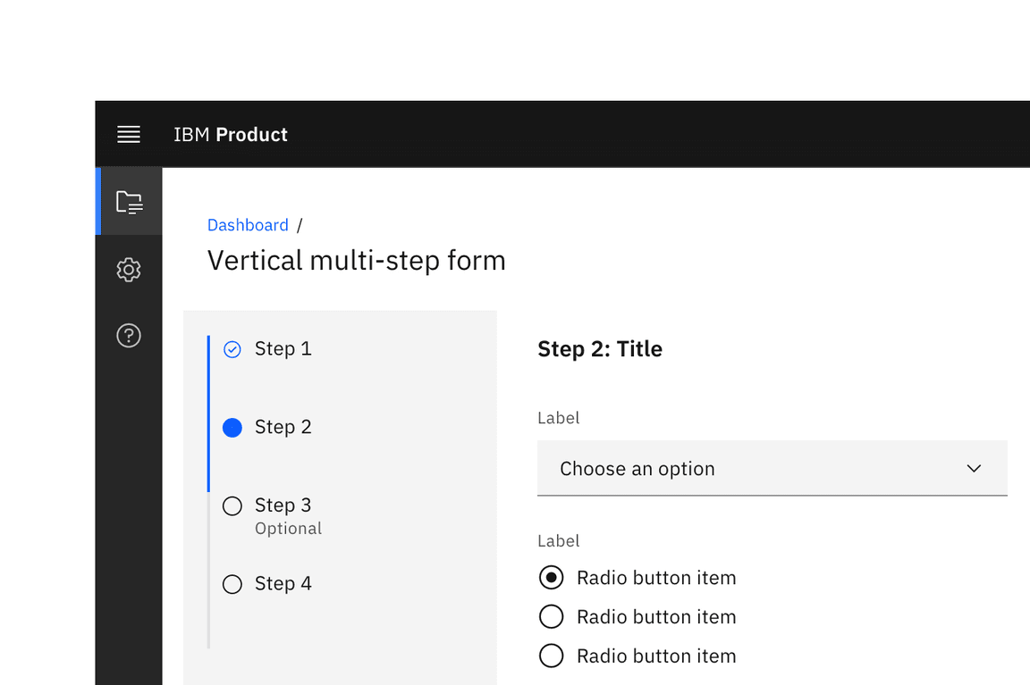 A multistep form with a vertically oriented progress indicator.